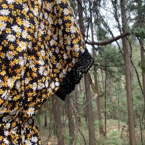 Lost + Wonder yellow/black rayon romper with lace trim